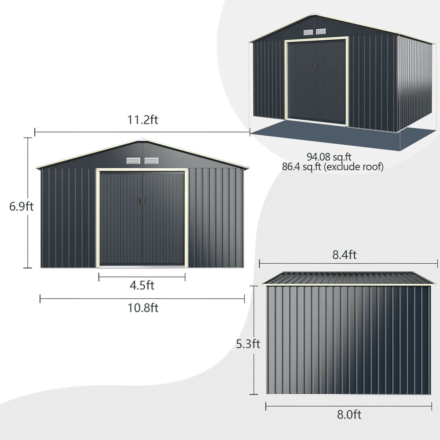 11 x 8 Feet Metal Storage Shed for Garden and Tools with 2 Lockable Sliding Doors, Gray Sheds & Outdoor Storage at Gallery Canada