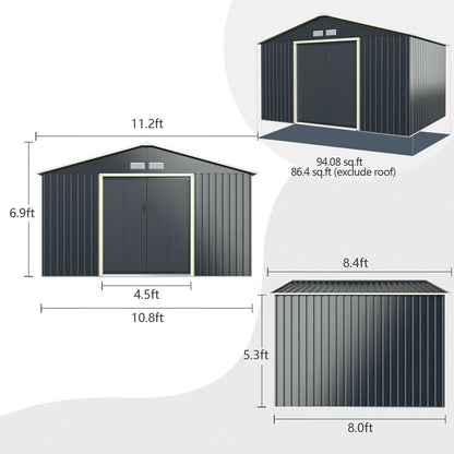 11 x 8 Feet Metal Storage Shed for Garden and Tools with 2 Lockable Sliding Doors, Gray Sheds & Outdoor Storage at Gallery Canada