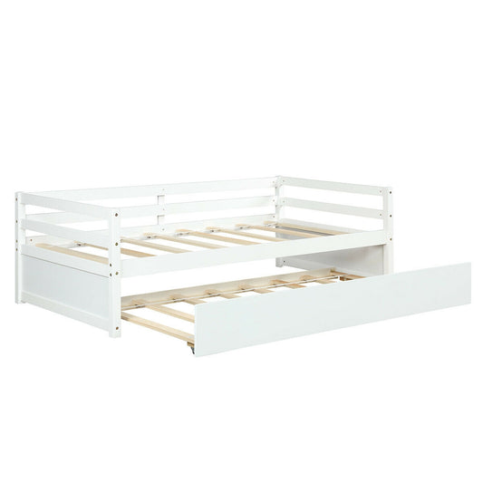 Twin Size Wooden Slat Trundle Platform Bed, White