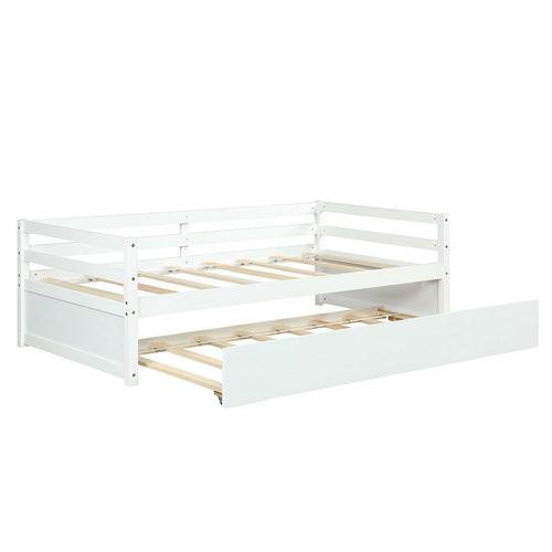 Twin Size Wooden Slat Trundle Platform Bed, White