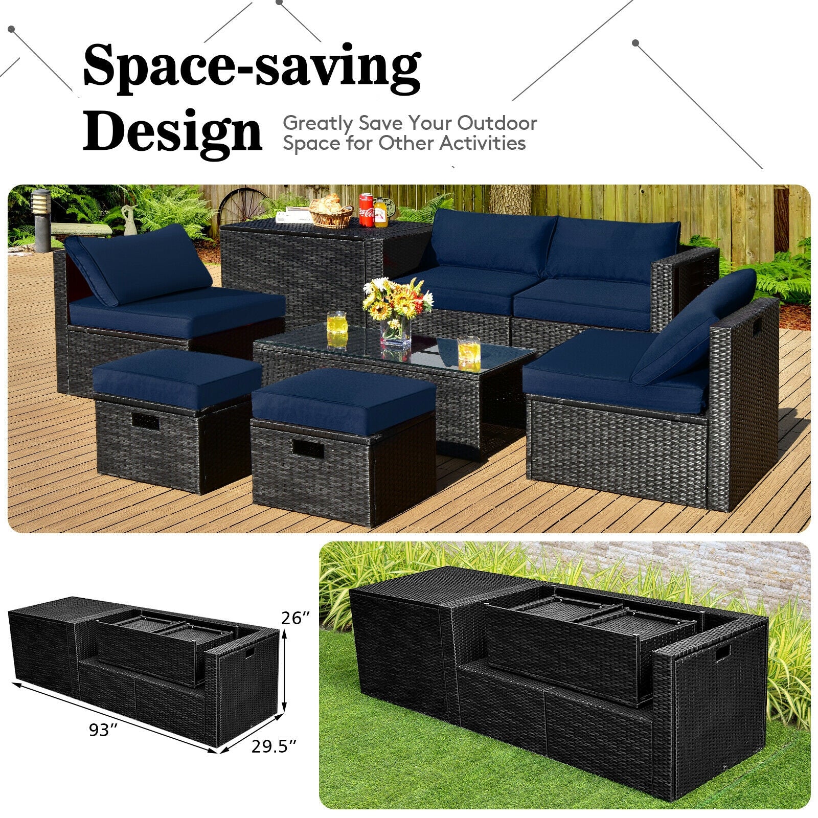 8 Pieces Patio Rattan Storage Table Furniture Set, Navy Outdoor Sectionals at Gallery Canada