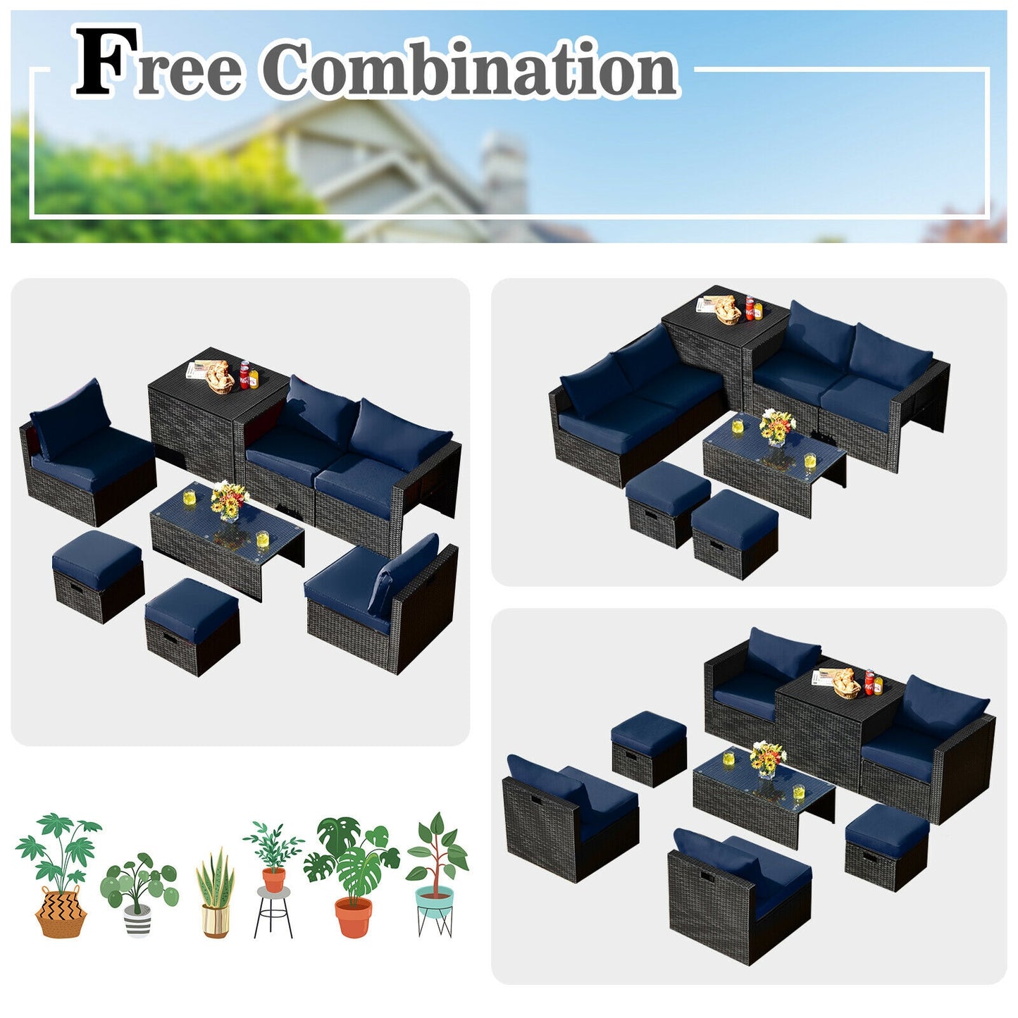 8 Pieces Patio Rattan Storage Table Furniture Set, Navy Outdoor Sectionals at Gallery Canada
