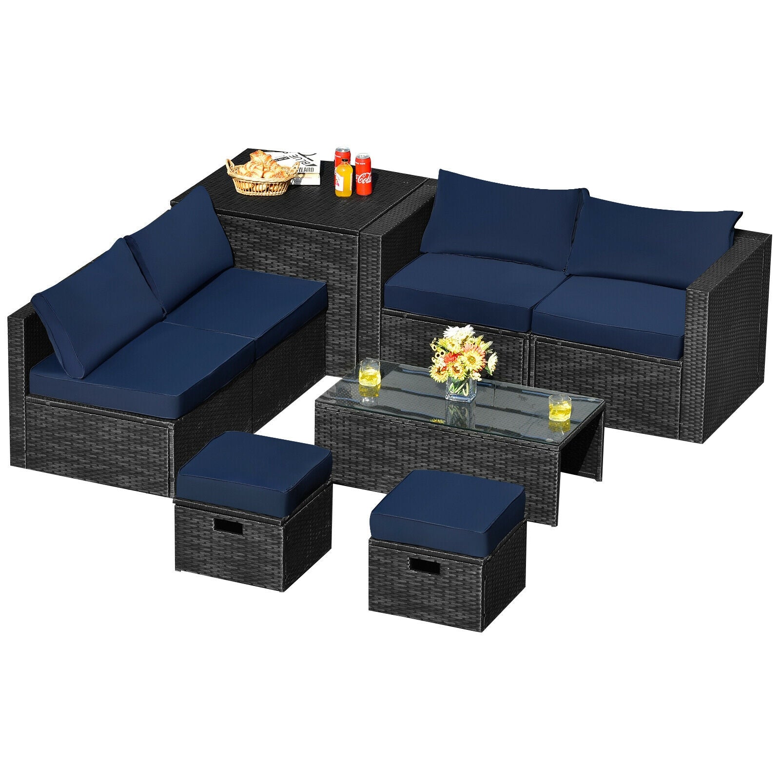 8 Piece Patio Rattan Storage Table Set, Navy Outdoor Sectionals at Gallery Canada