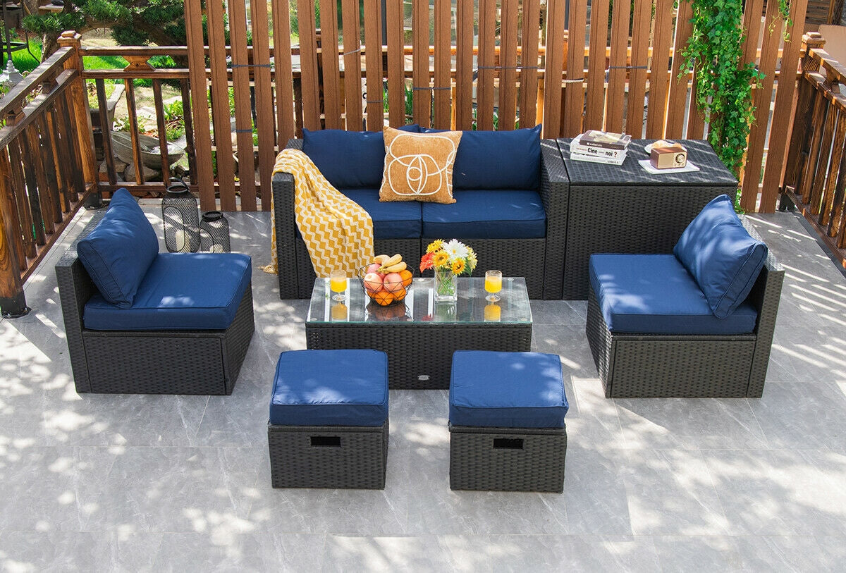 8 Pieces Patio Rattan Storage Table Furniture Set, Navy Outdoor Sectionals at Gallery Canada