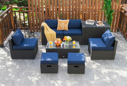 8 Pieces Patio Rattan Storage Table Furniture Set, Navy Outdoor Sectionals at Gallery Canada