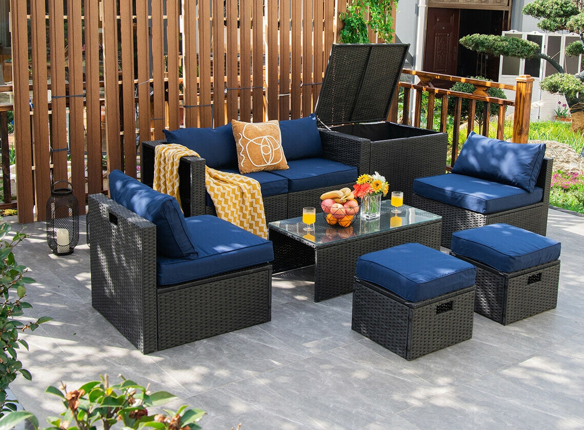 8 Pieces Patio Rattan Storage Table Furniture Set, Navy Outdoor Sectionals at Gallery Canada