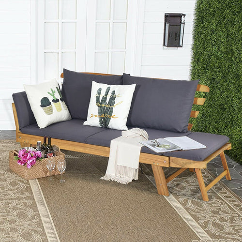 Patio Convertible Solid Wood Sofa with Cushion, Gray