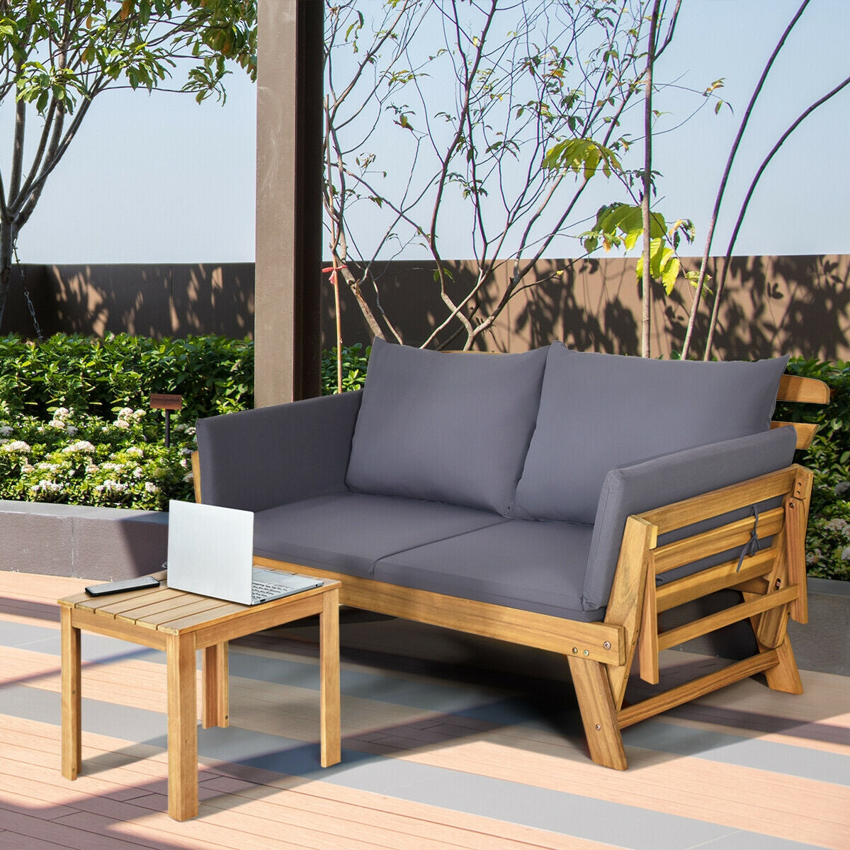 Patio Convertible Solid Wood Sofa with Cushion, Gray Outdoor Benches at Gallery Canada