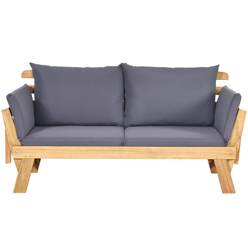 Patio Convertible Solid Wood Sofa with Cushion, Gray