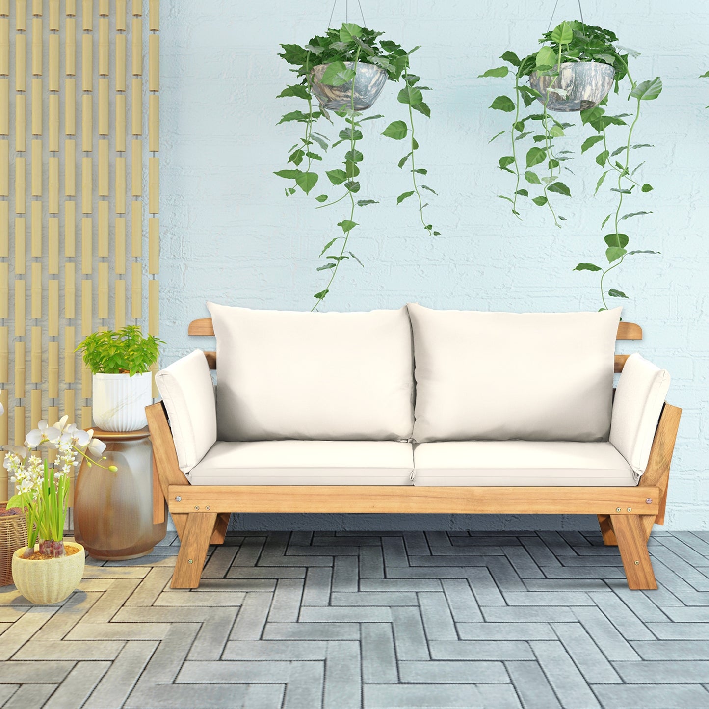 Adjustable Patio Convertible Sofa, Thick Cushion, White Outdoor Benches at Gallery Canada