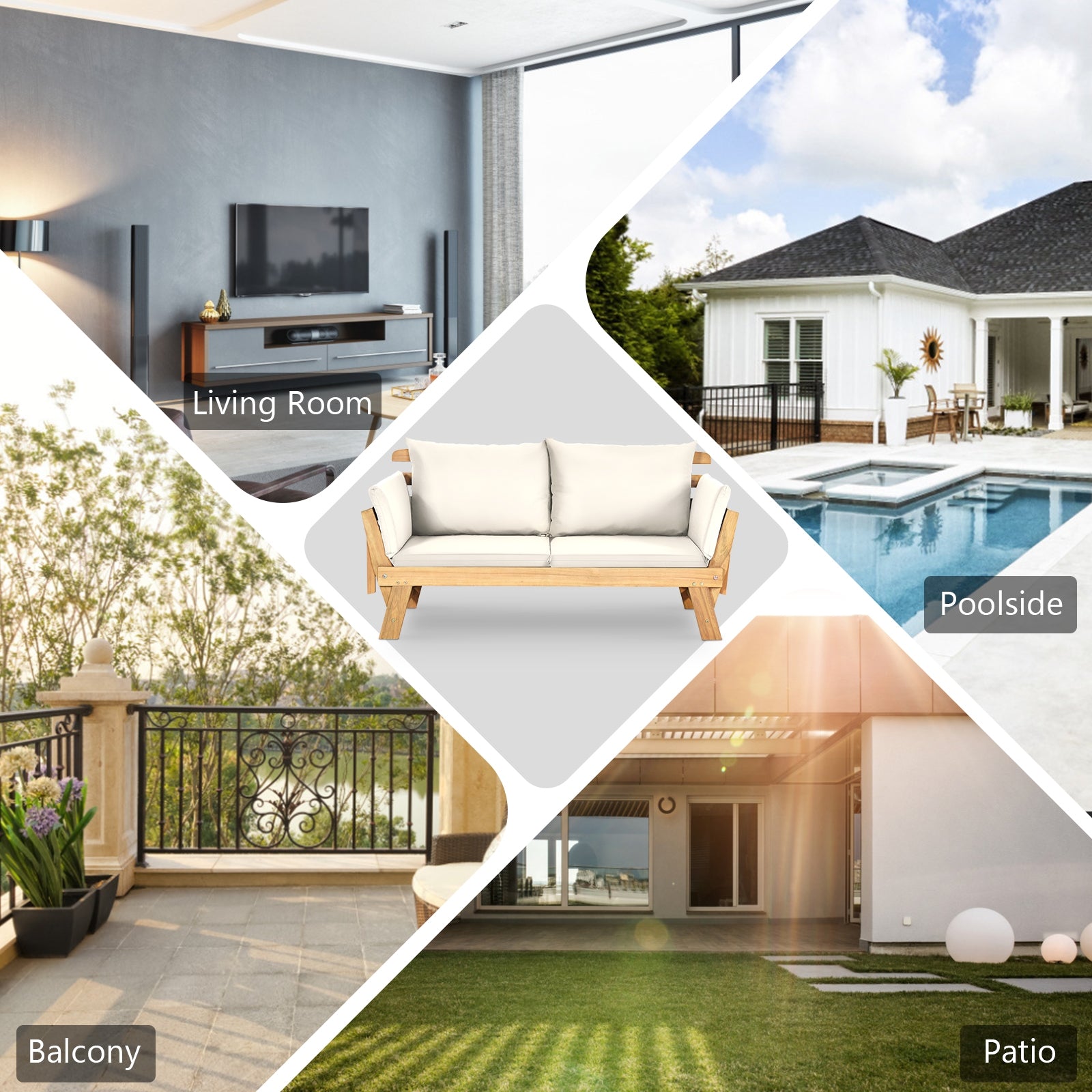 Adjustable Patio Convertible Sofa, Thick Cushion, White Outdoor Benches at Gallery Canada