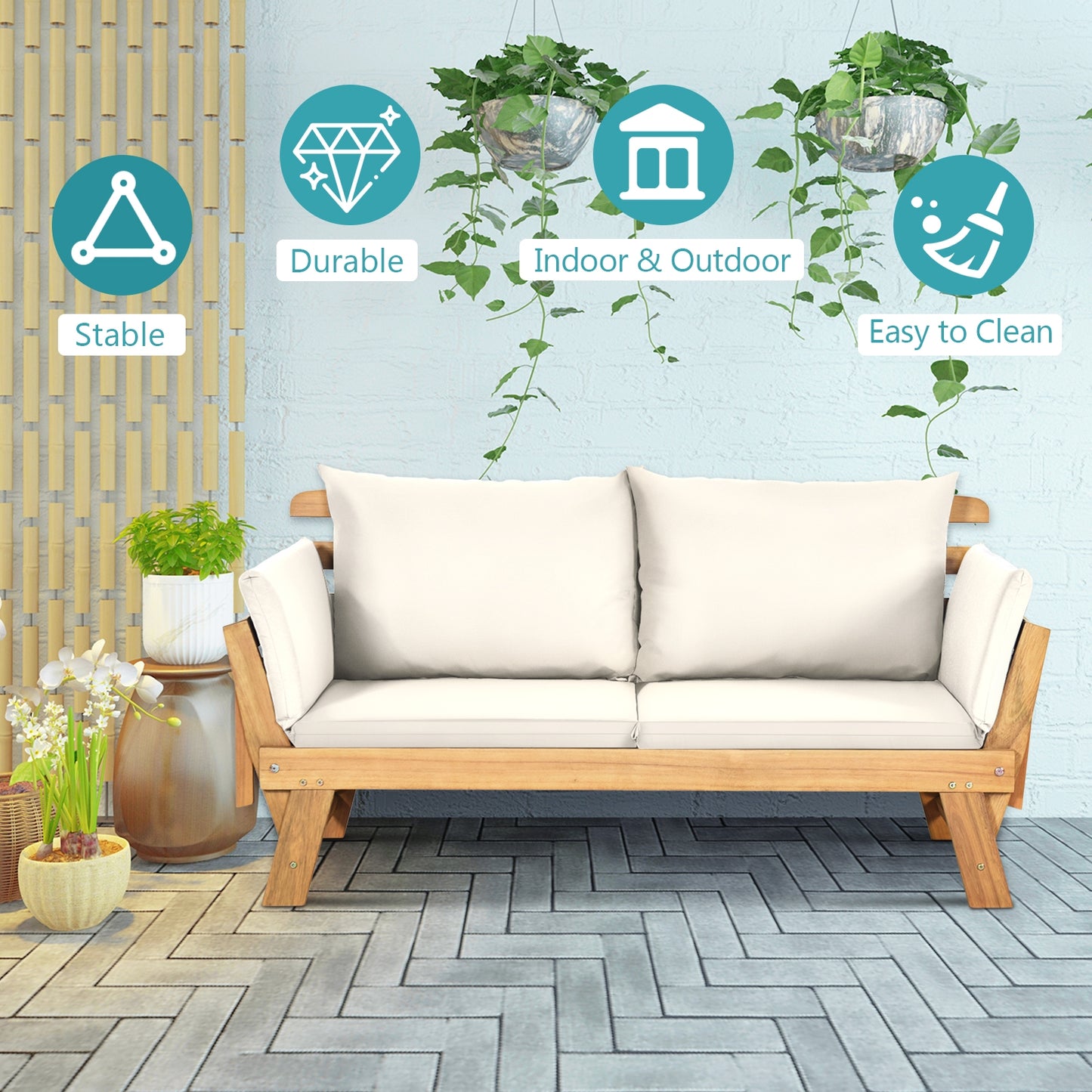 Adjustable Patio Convertible Sofa, Thick Cushion, White Outdoor Benches at Gallery Canada