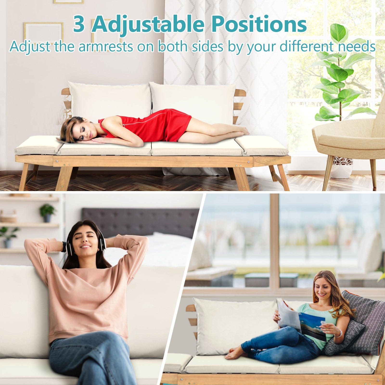 Adjustable Patio Convertible Sofa, Thick Cushion, White Outdoor Benches at Gallery Canada