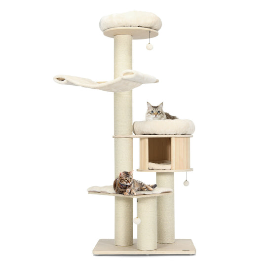 4-Layer 68.5-Inch Wooden Cat Tree Condo, Natural Cat Trees Condos & Scratchers Natural at Gallery Canada