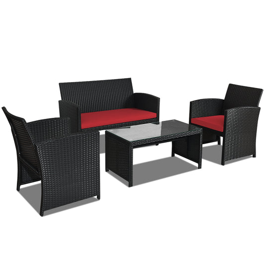 4 Piece Rattan Patio Set, Weather Resistant Cushions, Tempered Glass Tabletop, Red Patio Conversation Sets Red at Gallery Canada
