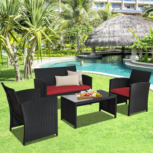 4 Pieces Rattan Patio Furniture Set with Weather Resistant Cushions and Tempered Glass Tabletop, Red Patio Conversation Sets Red at Gallery Canada