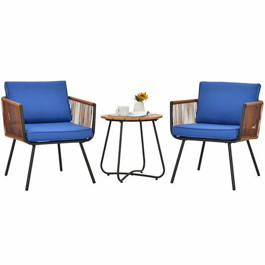 3 Piece Patio Bistro Set With Armrest, Soft Cushions, Blue