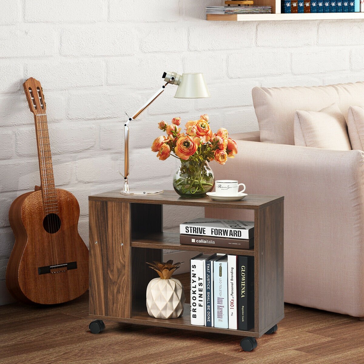 Multifunctional 3-Tier Side Table with Wheels and Large Storage Shelf, Brown - Gallery Canada