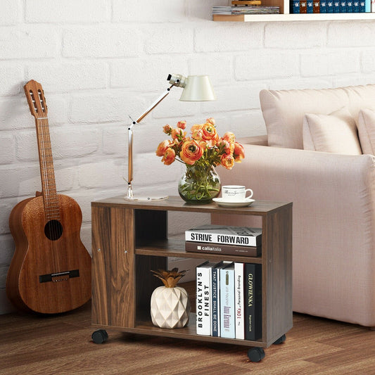 Multifunctional 3-Tier Side Table with Wheels and Large Storage Shelf, Brown - Gallery Canada
