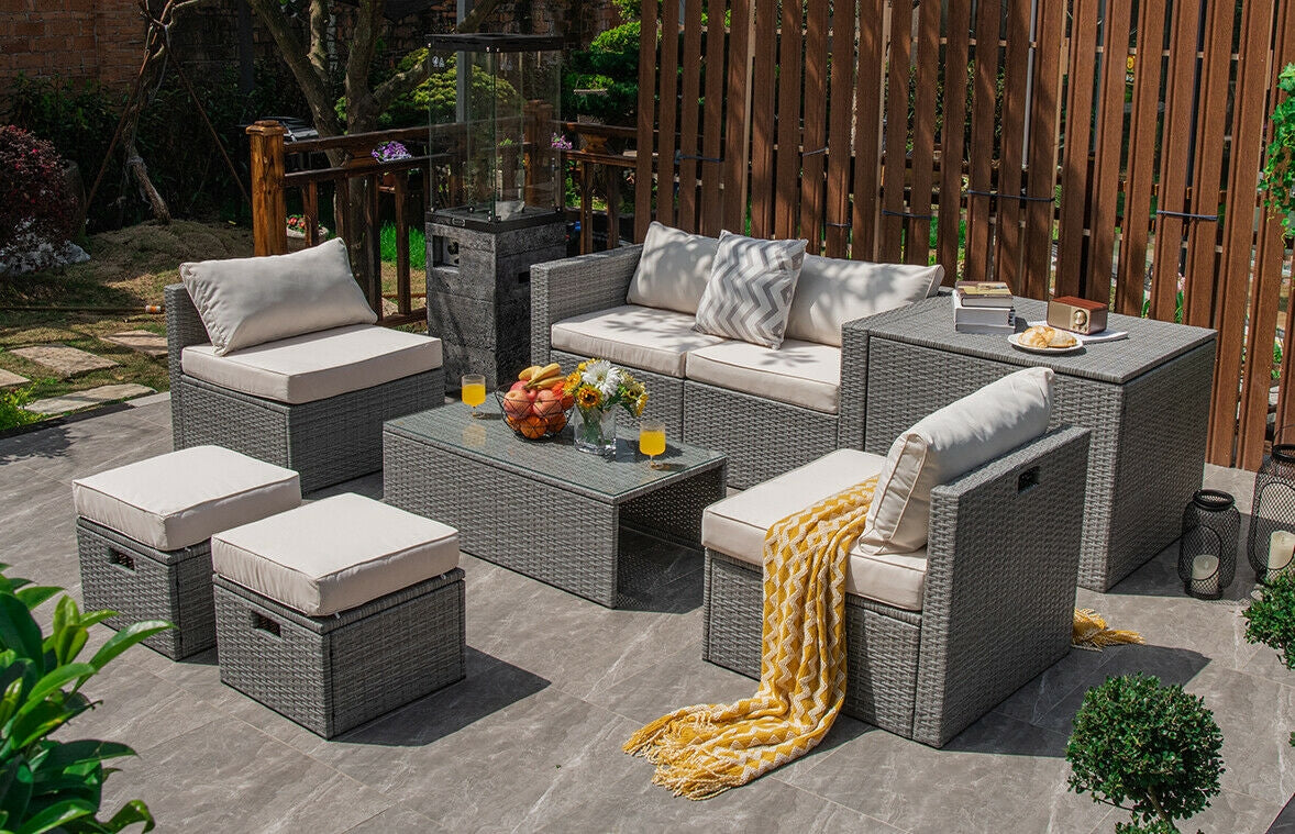 8 Pieces Patio Rattan Furniture Set with Storage Waterproof Cover and Cushion, Off White Outdoor Sectionals at Gallery Canada