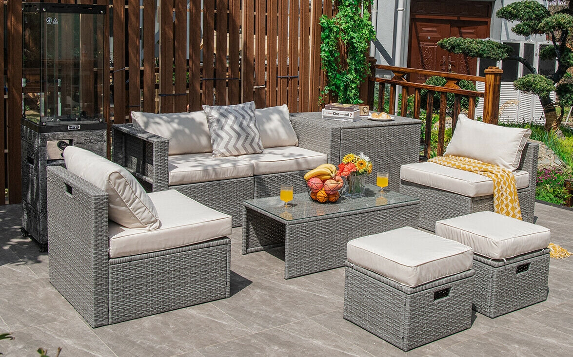 8 Pieces Patio Rattan Furniture Set with Storage Waterproof Cover and Cushion, Off White Outdoor Sectionals at Gallery Canada