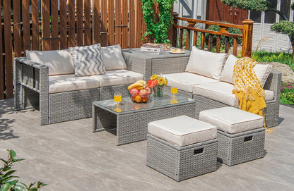 8 Pieces Patio Rattan Furniture Set with Storage Waterproof Cover and Cushion, Off White Outdoor Sectionals at Gallery Canada