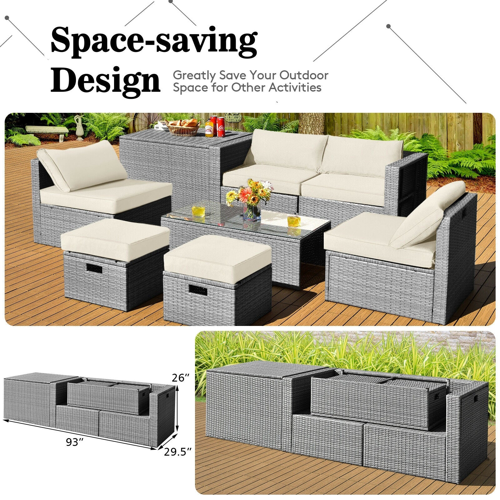 8 Pieces Patio Rattan Furniture Set with Storage Waterproof Cover and Cushion, Off White Outdoor Sectionals at Gallery Canada