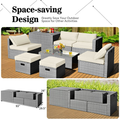 8 Pieces Patio Rattan Furniture Set with Storage Waterproof Cover and Cushion, Off White Outdoor Sectionals at Gallery Canada