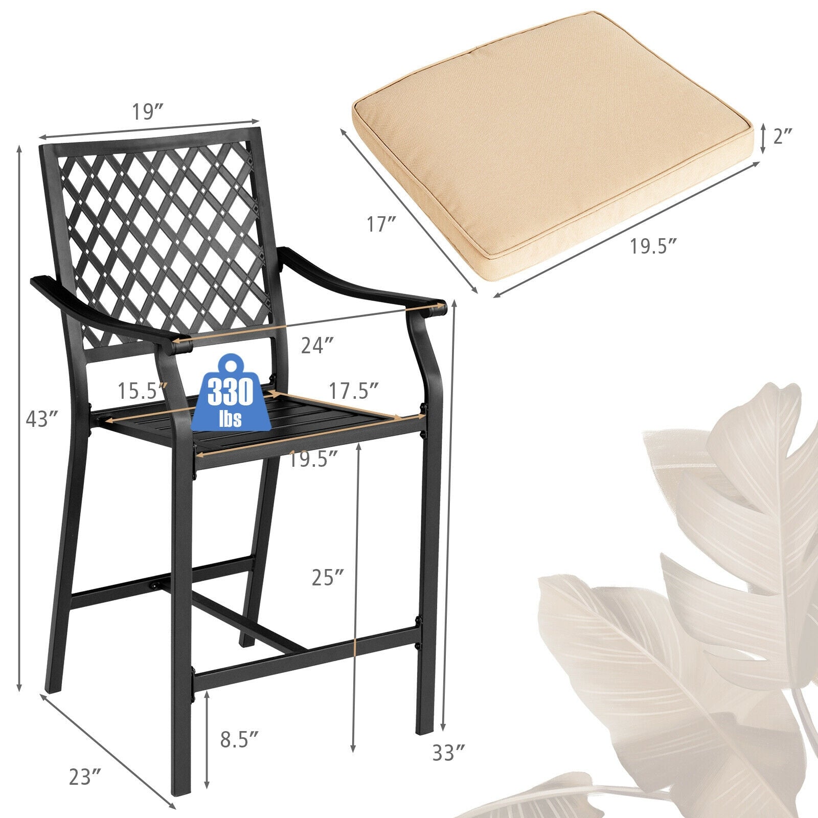 2 Pieces Patio Bar Stool with Height Cushion and Armrest, Black Patio Bar Furniture at Gallery Canada