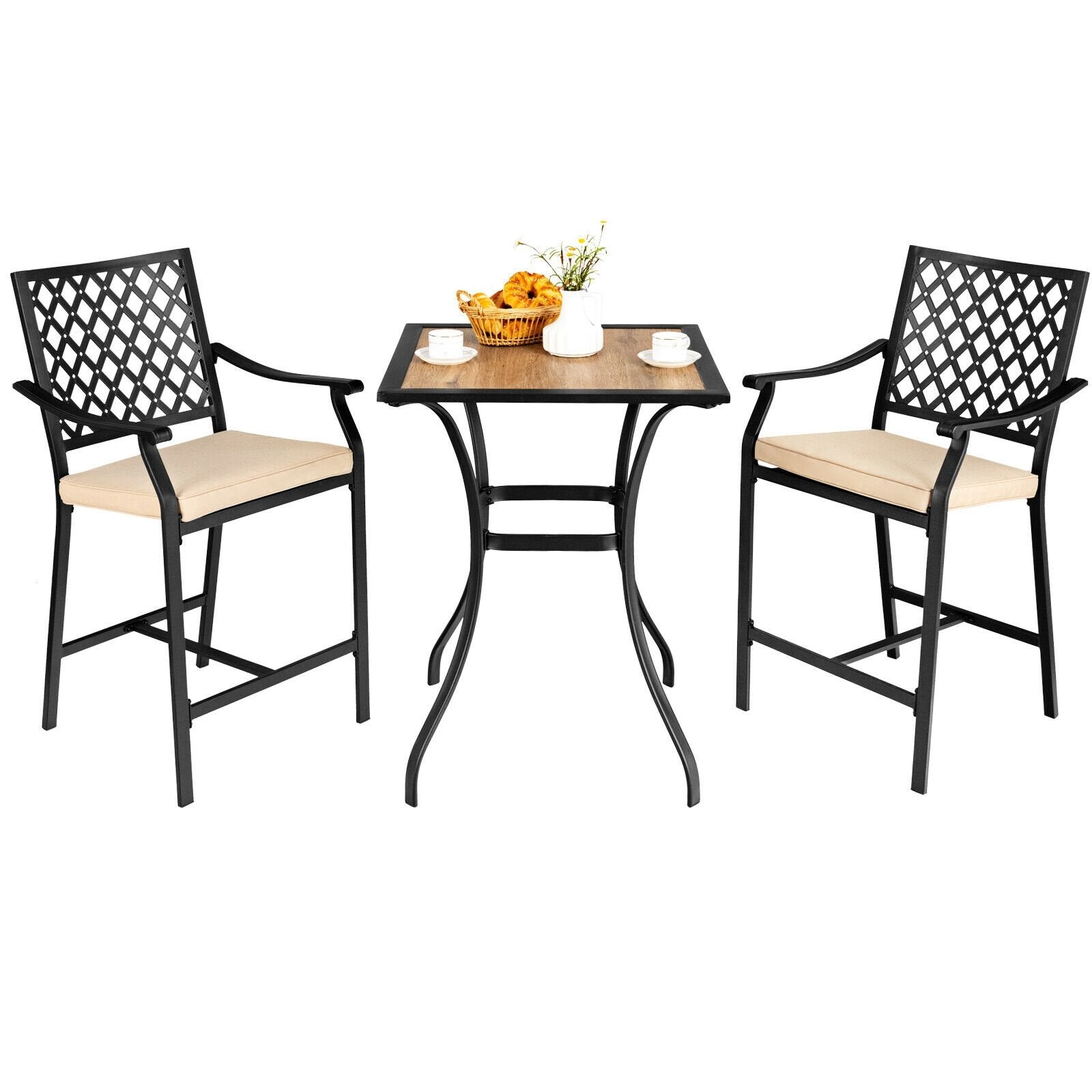 3 Pieces Patio Bar Set with 2 Bar Stools and 1 Square Table, Beige - Gallery Canada