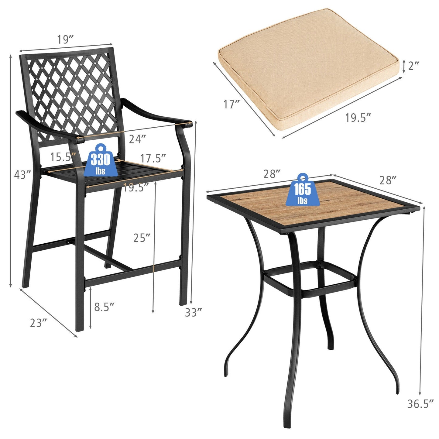 3 Piece Patio Bar Set, 2 Bar Stools, 1 Square Table, Beige Patio Dining Sets at Gallery Canada