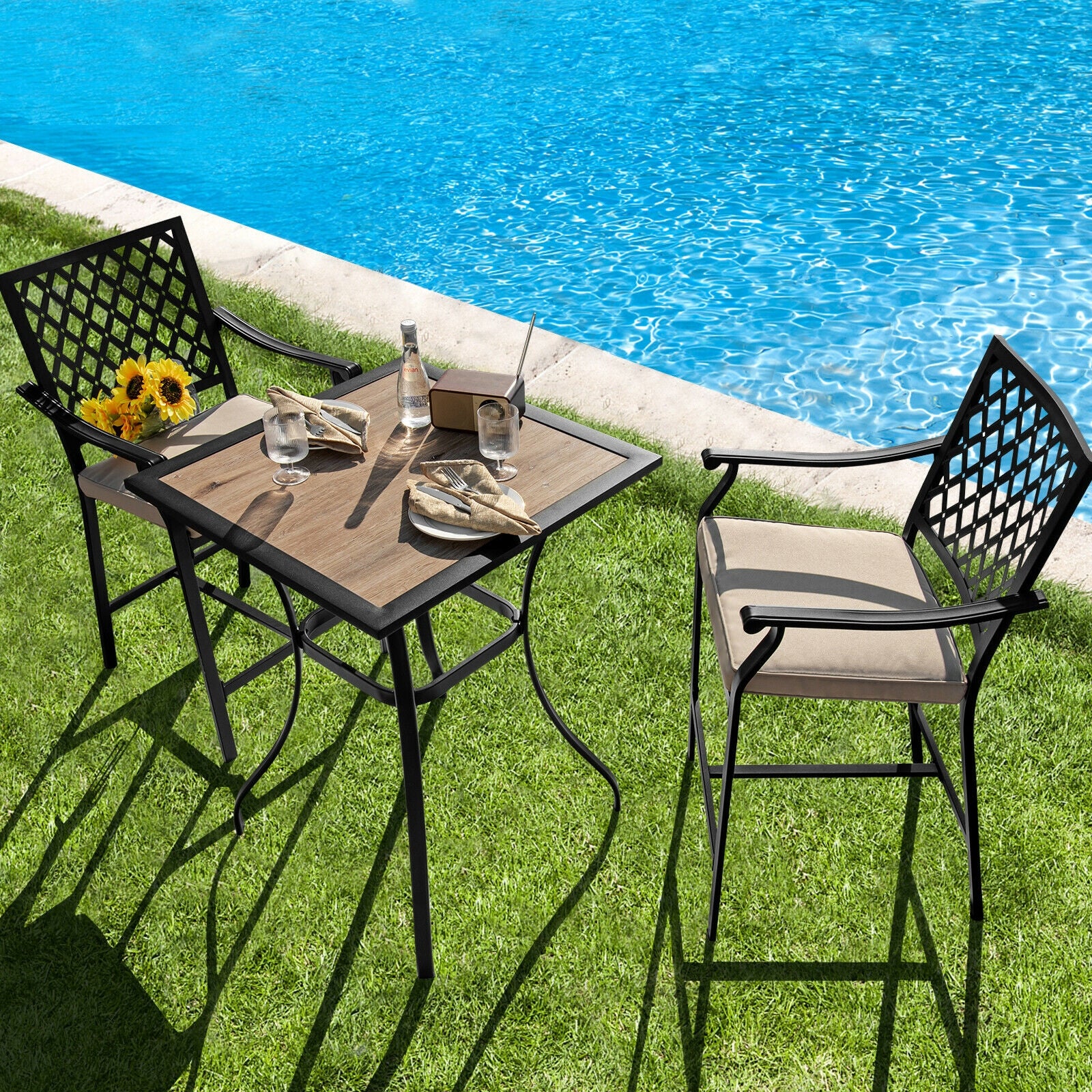 3 Piece Patio Bar Set, 2 Bar Stools, 1 Square Table, Beige Patio Dining Sets at Gallery Canada