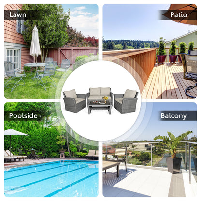 4 Pieces Patio Rattan Furniture Set Sofa Table with Storage Shelf Cushion, Beige Patio Conversation Sets at Gallery Canada