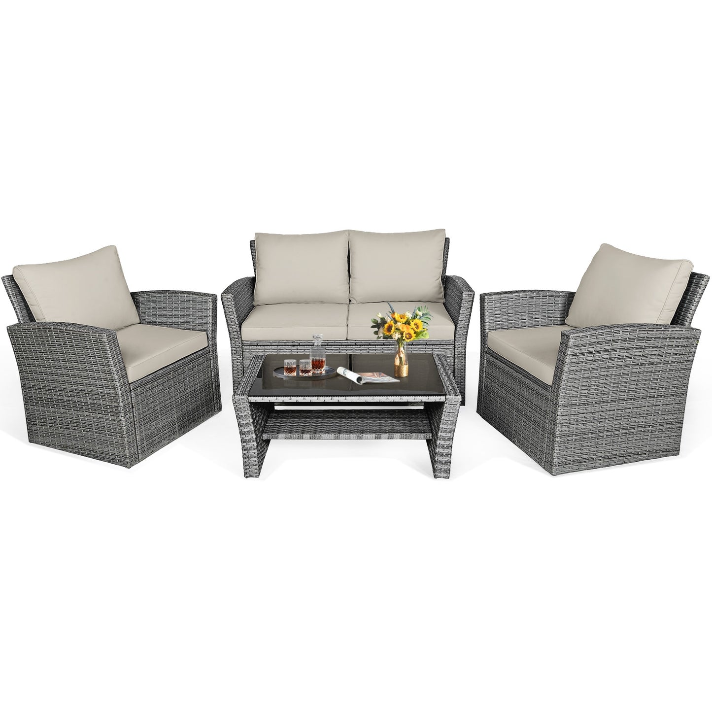 4 Pieces Patio Rattan Furniture Set Sofa Table with Storage Shelf Cushion, Beige Patio Conversation Sets at Gallery Canada