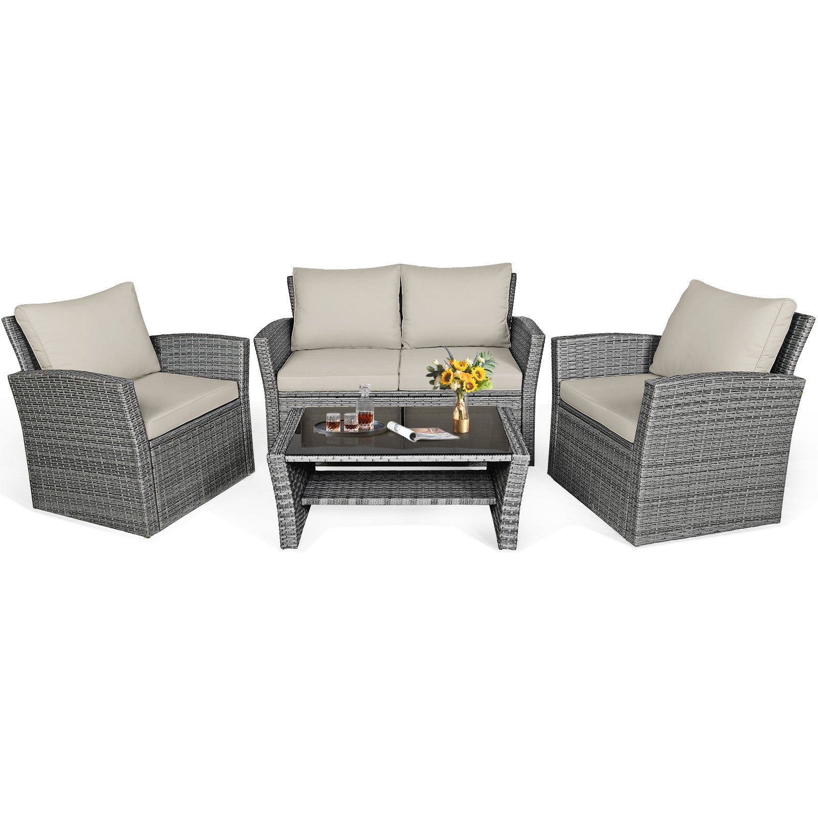 4 Piece Patio Rattan Furniture Set, Sofa Table With Storage Shelf Cushion, Beige Patio Conversation Sets at Gallery Canada
