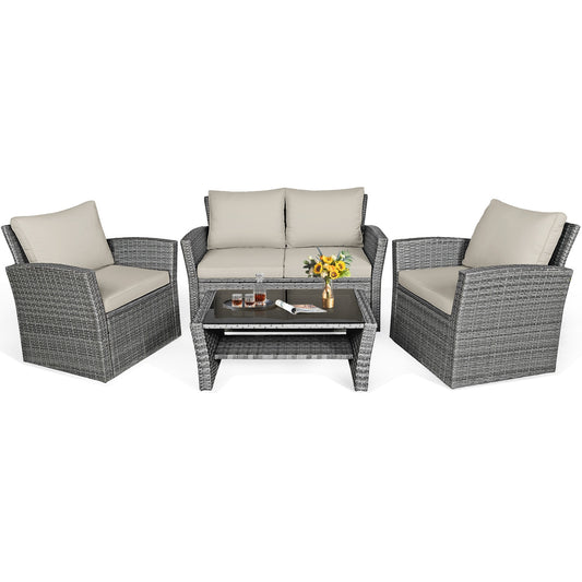 4 Piece Patio Rattan Furniture Set, Sofa Table With Storage Shelf Cushion, Beige