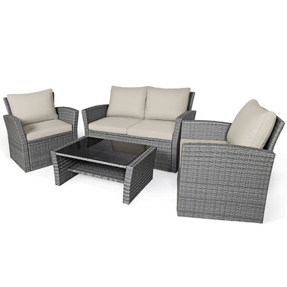 4 Pieces Patio Rattan Furniture Set Sofa Table with Storage Shelf Cushion, Beige Patio Conversation Sets at Gallery Canada