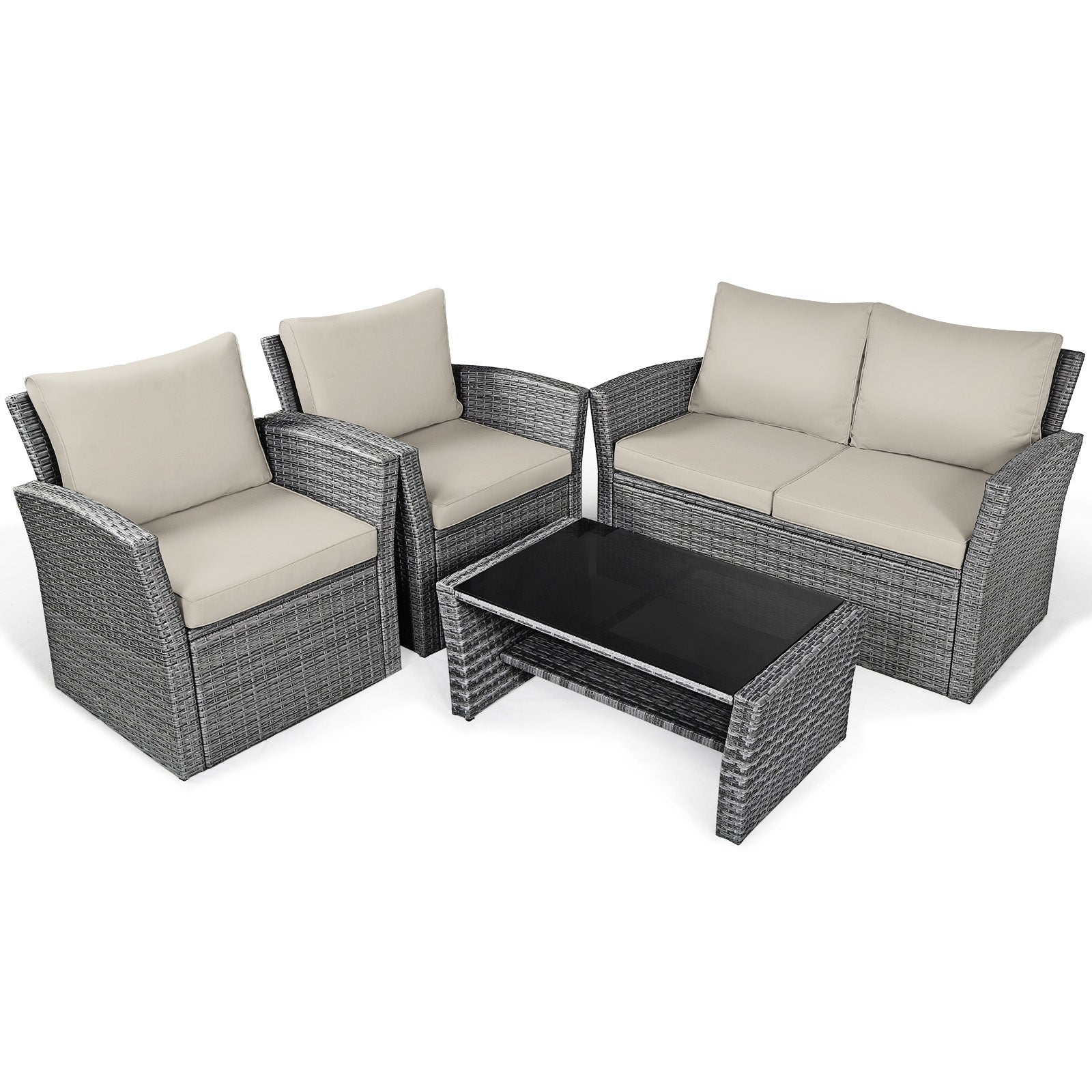 4 Pieces Patio Rattan Furniture Set Sofa Table with Storage Shelf Cushion, Beige Patio Conversation Sets at Gallery Canada