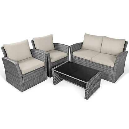 4 Pieces Patio Rattan Furniture Set Sofa Table with Storage Shelf Cushion, Beige Patio Conversation Sets at Gallery Canada