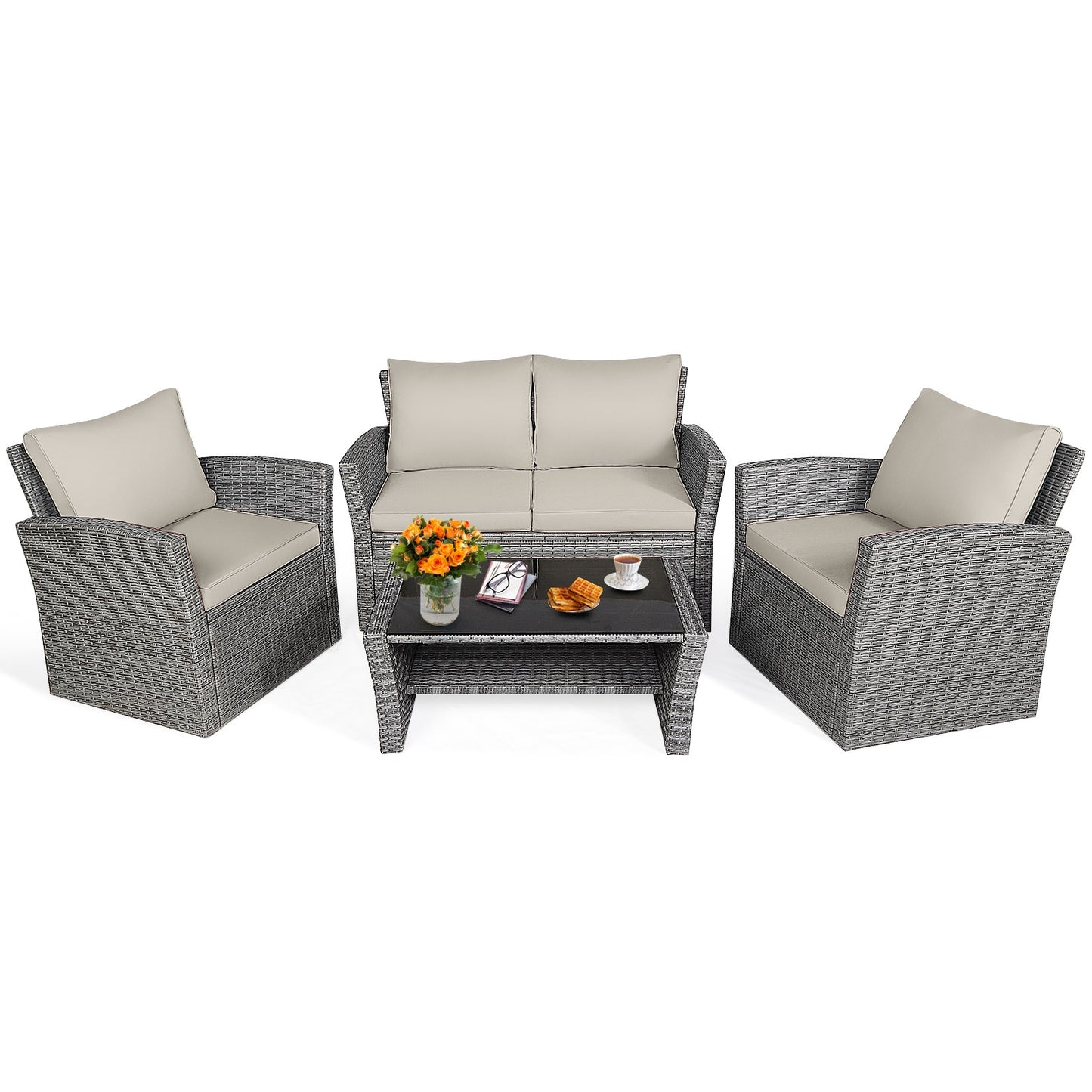 4 Pieces Patio Rattan Furniture Set Sofa Table with Storage Shelf Cushion, Beige Patio Conversation Sets at Gallery Canada