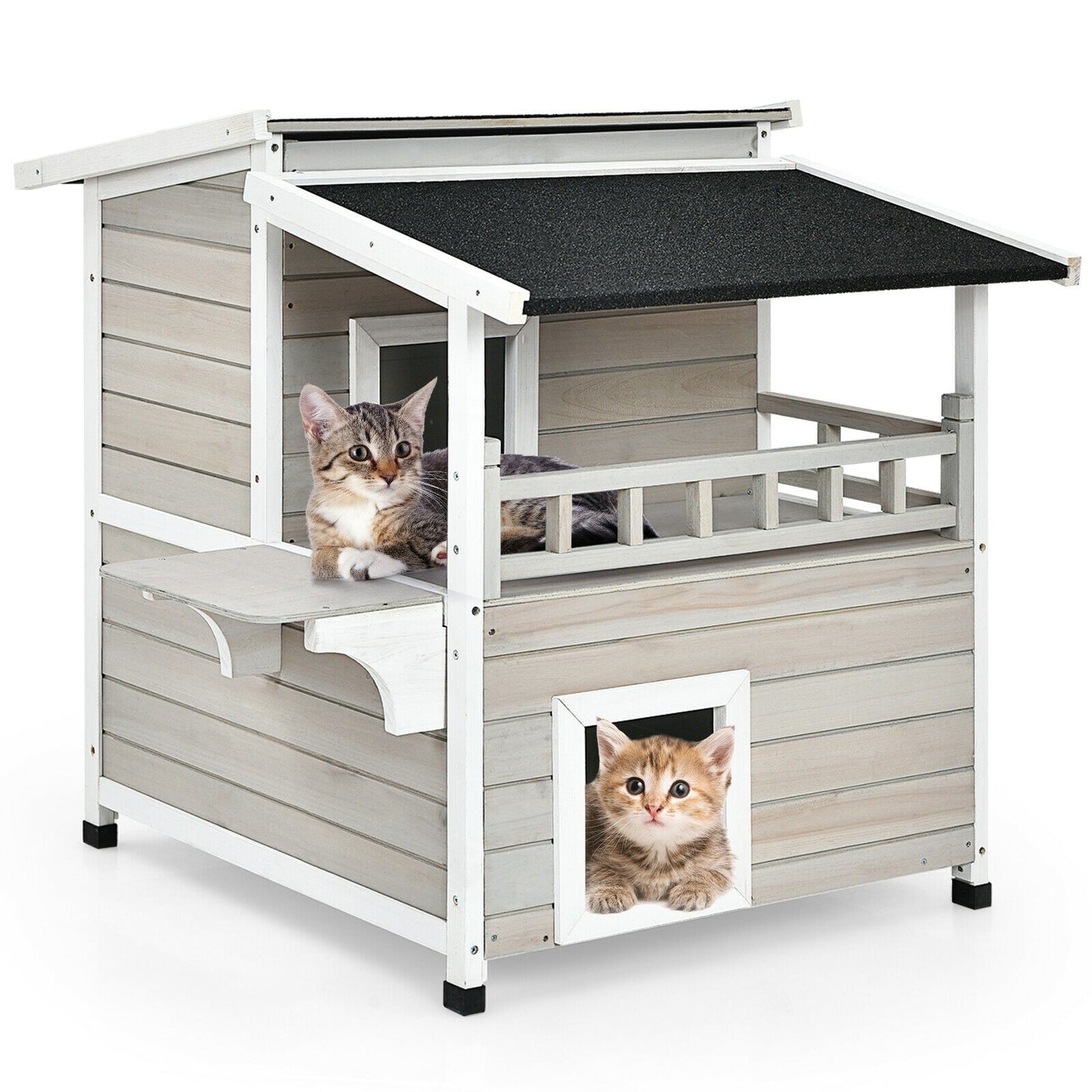 2-Story Wooden Patio Luxurious Cat Shelter House Condo with Large Balcony, Gray Cat Houses at Gallery Canada