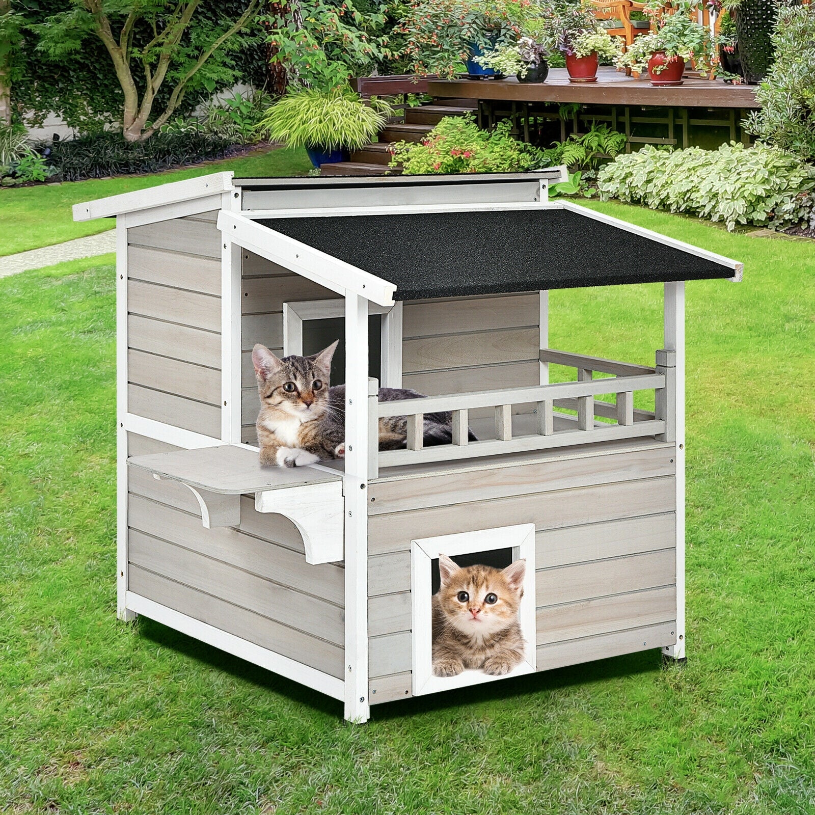 2-Story Wooden Patio Luxurious Cat Shelter House Condo with Large Balcony, Gray Cat Houses at Gallery Canada