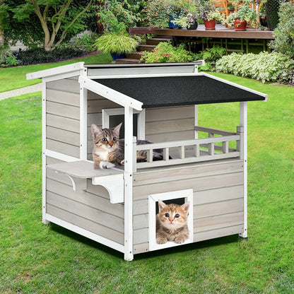 2-Story Wooden Patio Luxurious Cat Shelter House Condo with Large Balcony, Gray Cat Houses at Gallery Canada