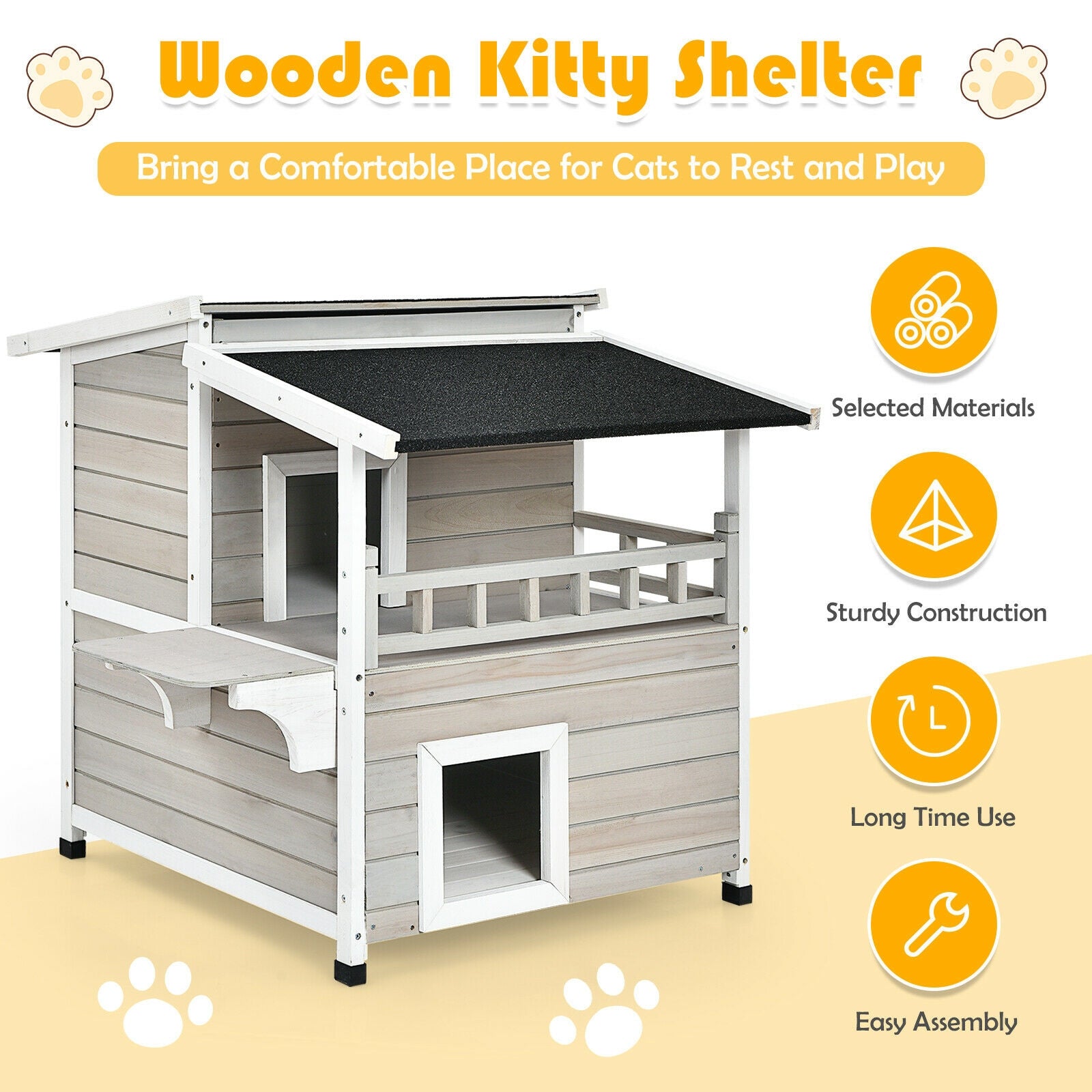 2-Story Wooden Patio Luxurious Cat Shelter House Condo with Large Balcony, Gray Cat Houses at Gallery Canada