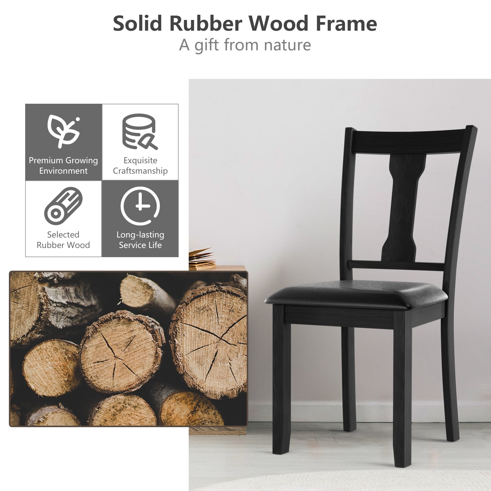 Set Of 2 Dining Chairs, Rubber Wood Frame, Upholstered Padded Seat, Black Dining Chairs at Gallery Canada