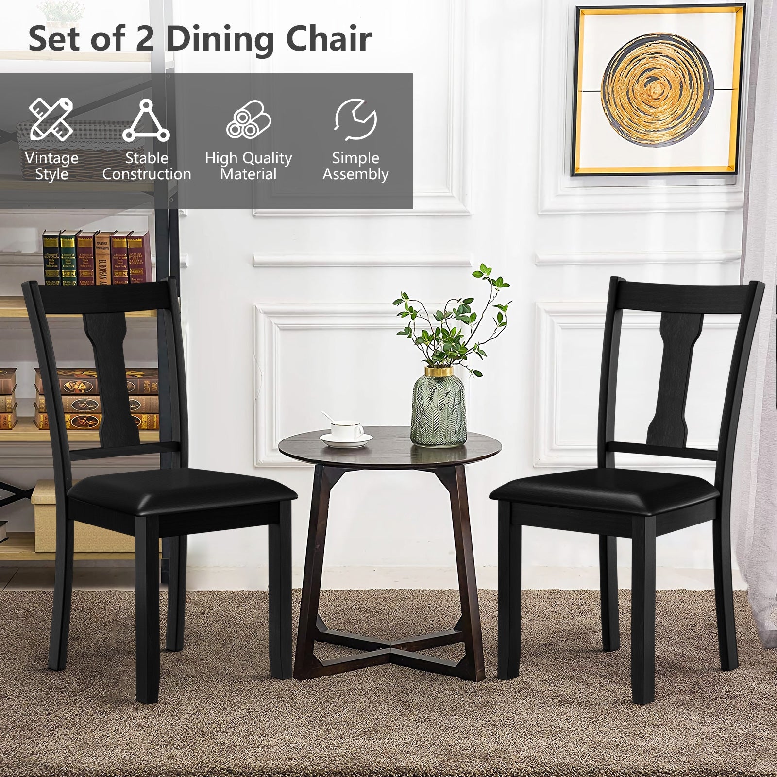 Set Of 2 Dining Chairs, Rubber Wood Frame, Upholstered Padded Seat, Black Dining Chairs at Gallery Canada