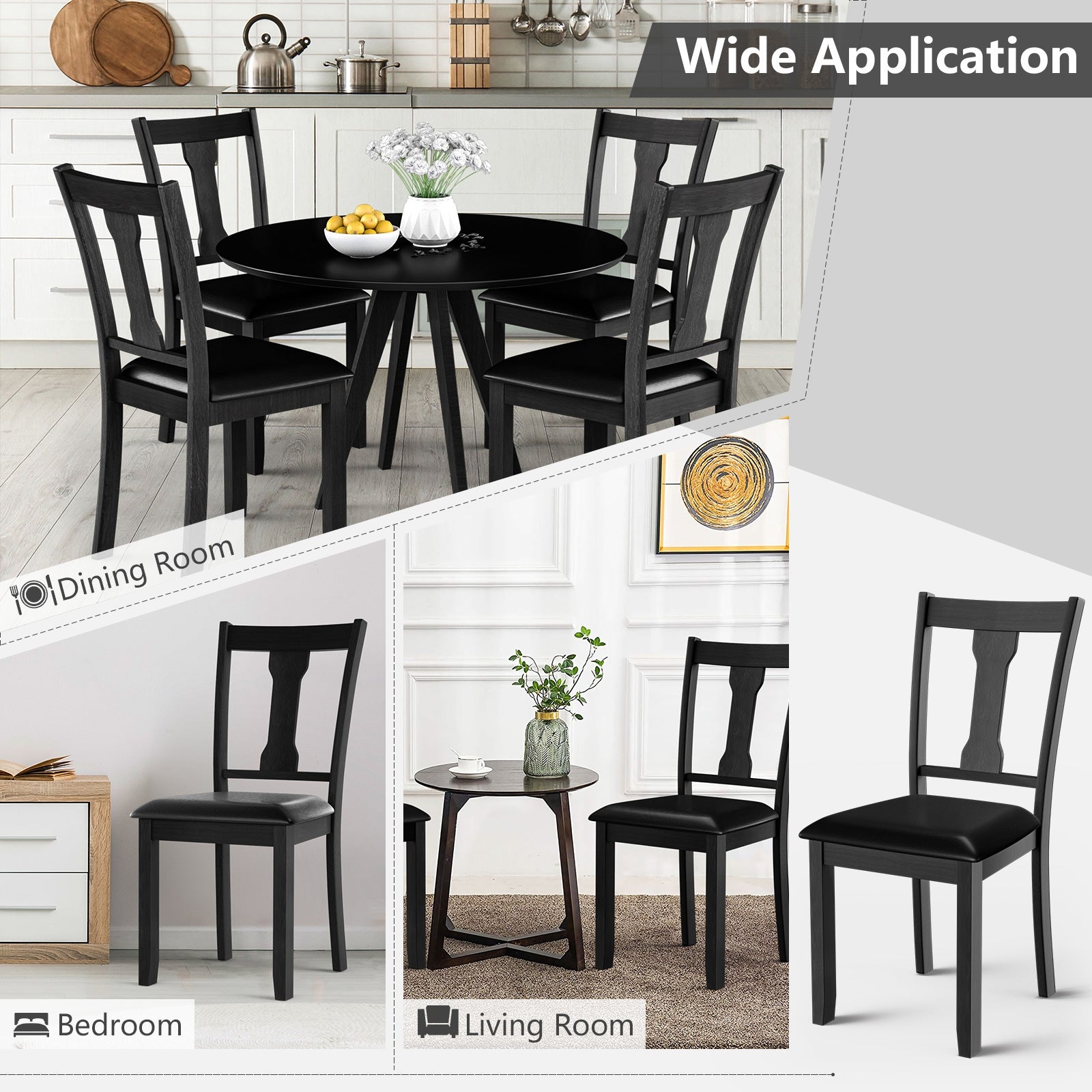 Set Of 2 Dining Chairs, Rubber Wood Frame, Upholstered Padded Seat, Black Dining Chairs at Gallery Canada