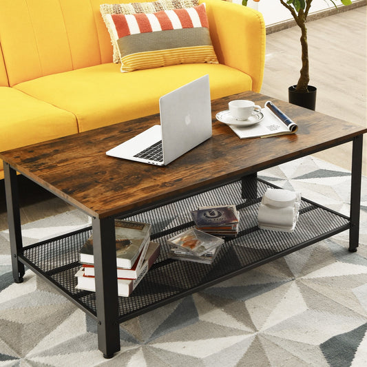 Metal Frame Wood Coffee Table Console Table with Storage Shelf, Rustic Brown - Gallery Canada