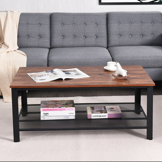 Metal Frame Wood Coffee Table Console Table with Storage Shelf, Brown - Gallery Canada