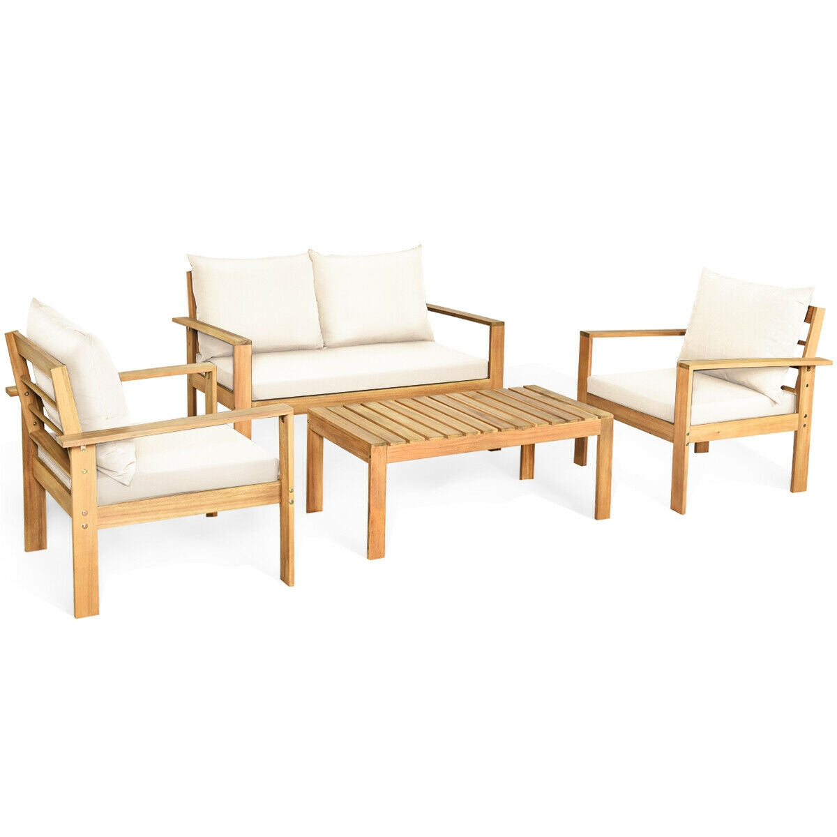 4 Pieces Patio Acacia Wood Thick Cushion Loveseat Sofa Set, White Patio Conversation Sets at Gallery Canada